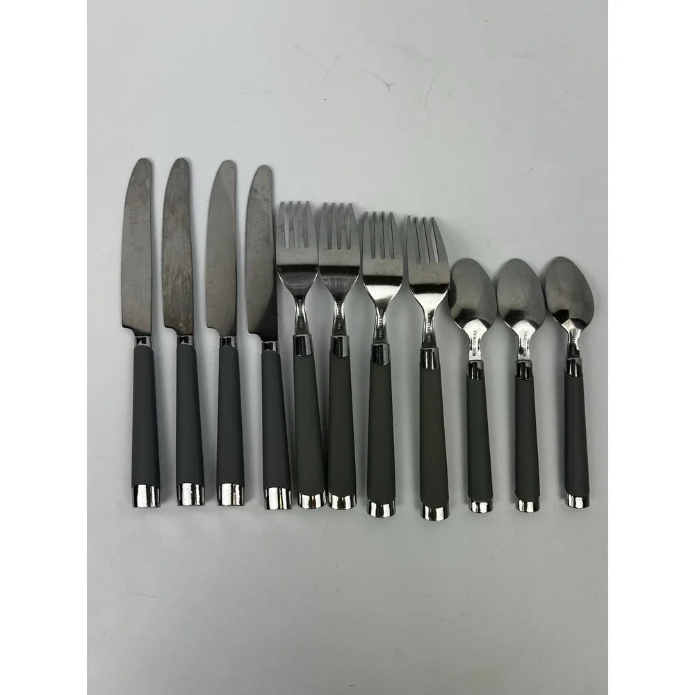 Lot of 11 GRAY Handle Stainless Steel Flatware - Teaspoons Forks Knives